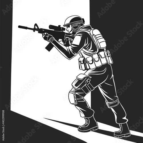 Monochrome Soldier Aiming Rifle, Full Gear, Doorway, Dynamic Pose