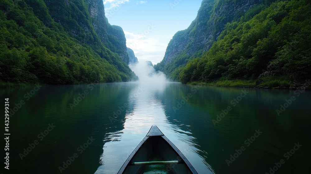 serene view from bow of canoe, surrounded by lush green mountains and mist rising from calm water, evokes sense of tranquility and adventure
