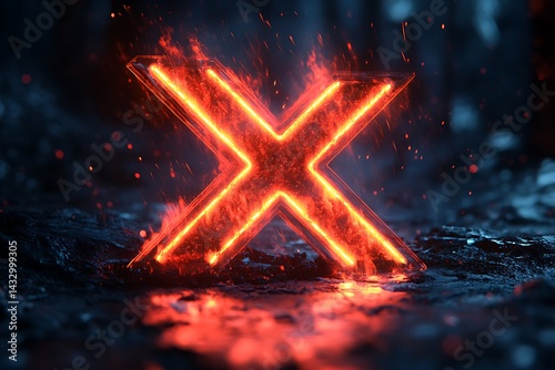Fiery letter x glowing on a dark textured surface with particles