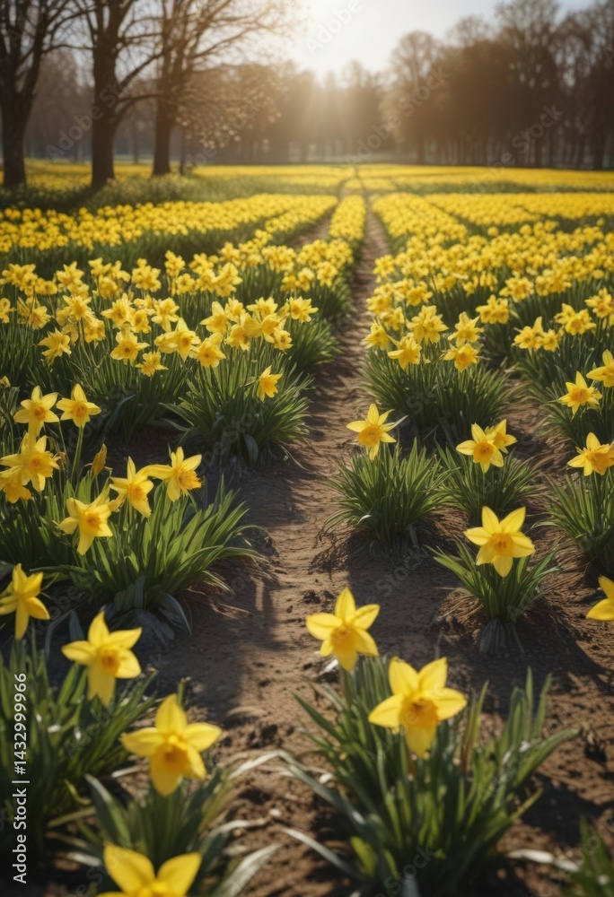 Obraz premium Sunlit daffodil field, vibrant yellow blooms, spring freshness, bright, garden, macro