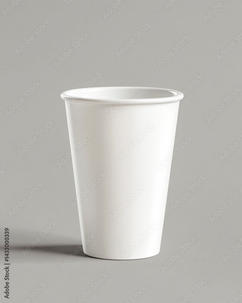 Blank white enamel cup mockup for effective branding on grey backdrop with realistic shadows Blank white enamel cup mockup for effective branding on grey backdrop with realistic shadows