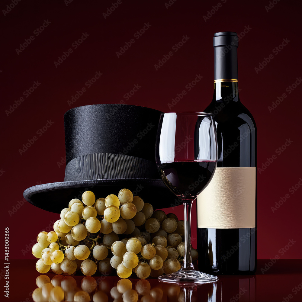 Elegant black top hat, red wine bottle, glass of red wine, and fresh green grapes create sophisticated still life. rich colors evoke sense of luxury and celebration