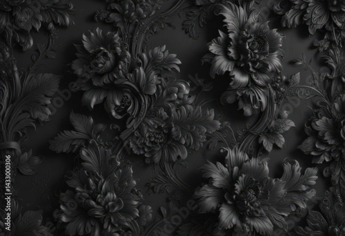 Luxurious black charcoal floral wallpaper with ornate design, rich texture , geometric, surface