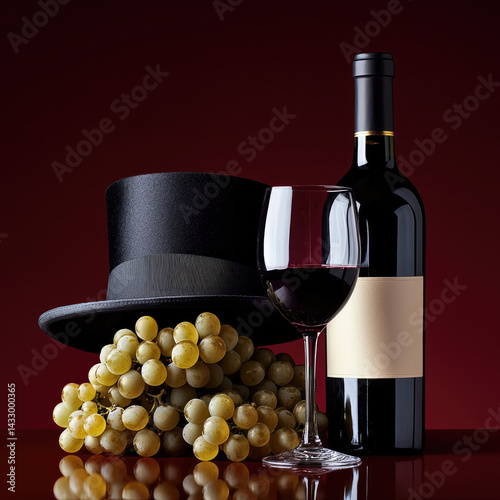 Elegant black top hat, red wine bottle, glass of red wine, and fresh green grapes create sophisticated still life. rich colors evoke sense of luxury and celebration