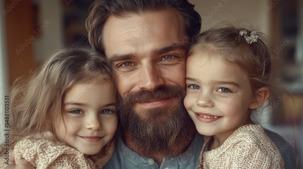 Father and daughters share a joyful moment at home during a cozy afternoon together Father and daughters share a joyful moment at home during a cozy afternoon together