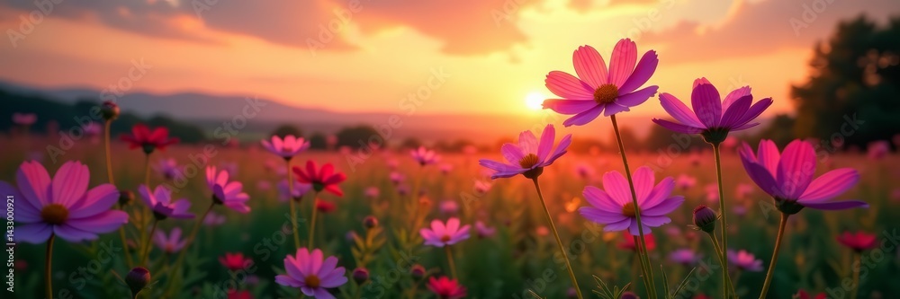 Fototapeta premium Vintage cosmos flowers glowing under sunset sky, tranquil garden scene, flowers, vintage, cosmos