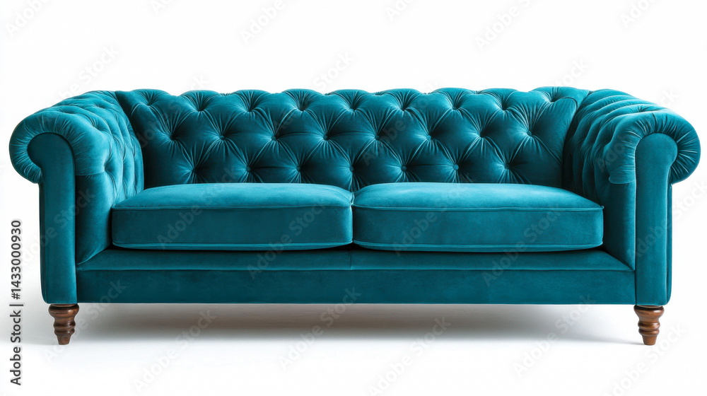 Fototapeta premium Luxurious emerald blue velvet sofa showcasing rich texture and deep button tufting details