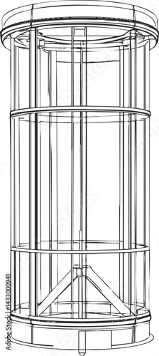 Wireframe illustration of a cylindrical glass elevator shaft showing structural and mechanical details.