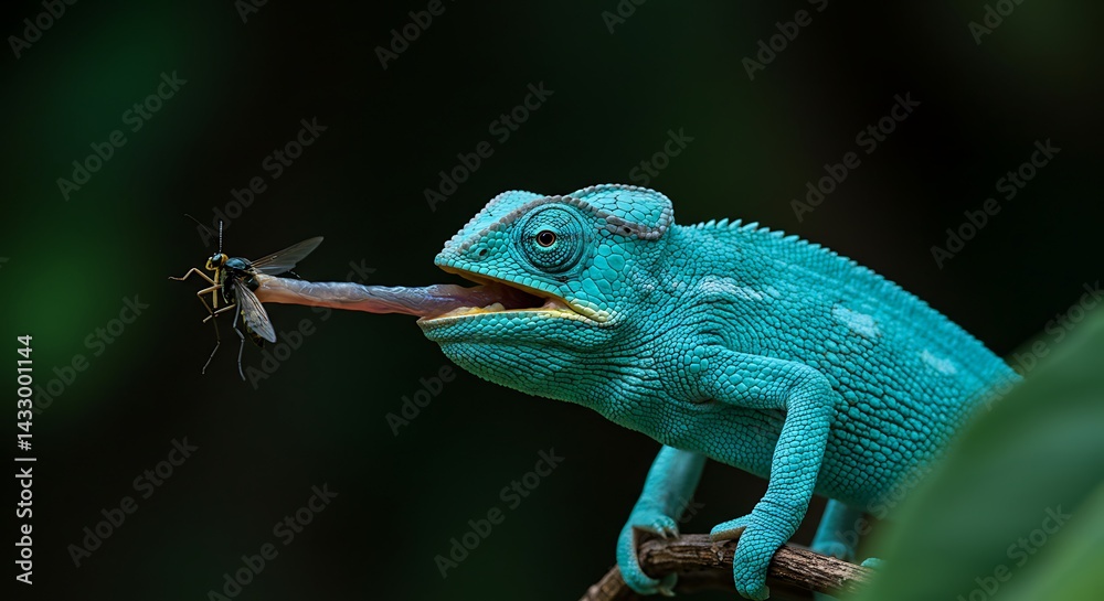 Fototapeta premium Turquoise Chameleon's Lightning-Fast Strike: Capturing a Fly with its Projectile Tongue.