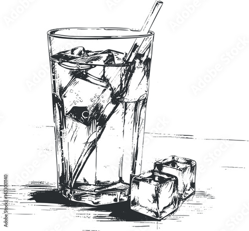Hand drawn black and white illustration of a glass filled with ice cubes and a cold beverage with a straw on a table