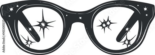 Black eyeglasses with shiny clean lenses reflecting light, isolated on white background