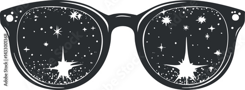Black and white illustration of sunglasses reflecting a starry night sky with sparkling stars.