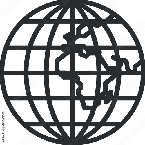 Black and white globe icon showing Earth's continents with latitude and longitude lines