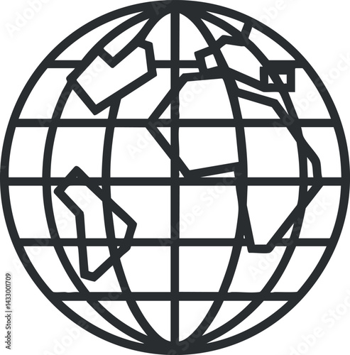 Black and white globe icon showing continents with latitude and longitude lines for global geography