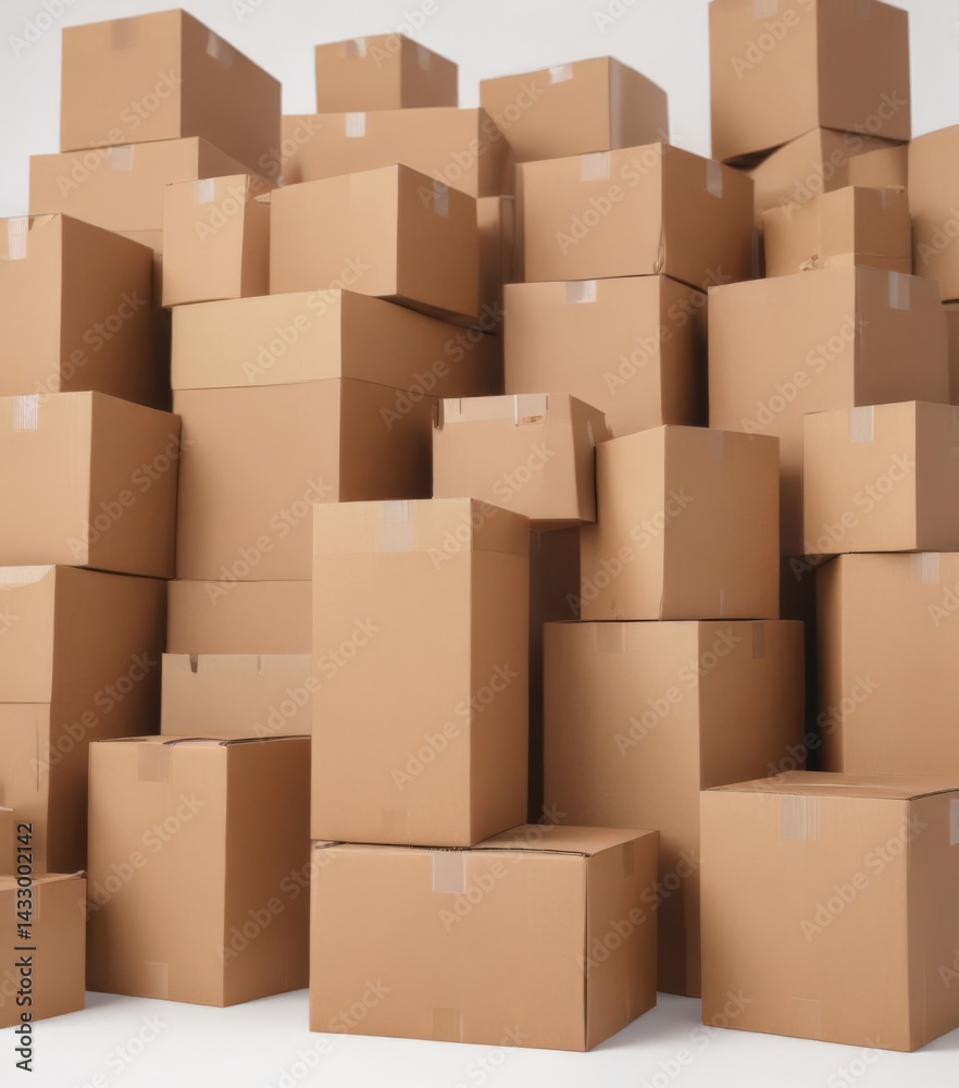 Fototapeta premium Various sizes of empty brown cardboard boxes against a bright white backdrop , empty, light