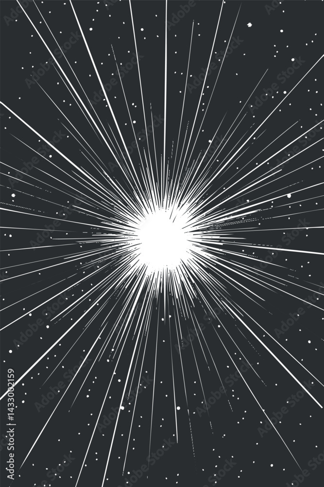 Bright white explosion or burst of light with radiating rays on a dark background symbolizing energy or cosmic event