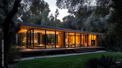 family home exterior glowing softly as sun sets behind the trees
