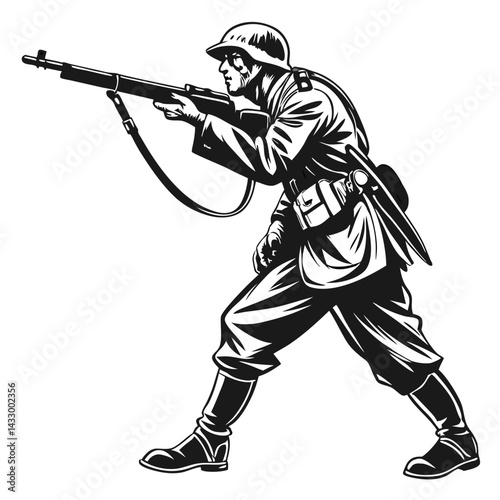 Soldier silhouette with rifle aiming in combat gear on isolated white background