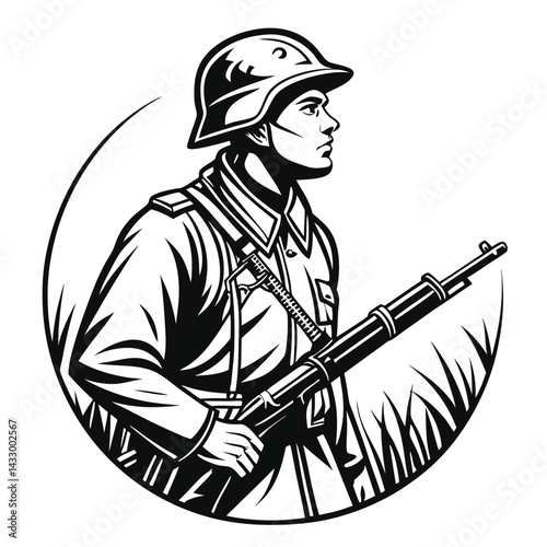 Monochrome Silhouette of Soldier with Rifle in Tall Grass, Profile View, Helmeted