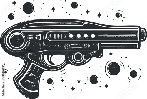 Black and white illustration of a futuristic raygun laser weapon with space and stars background