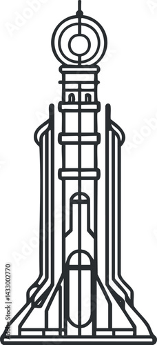 Line art illustration of a rocket spacecraft designed for space exploration and launch missions