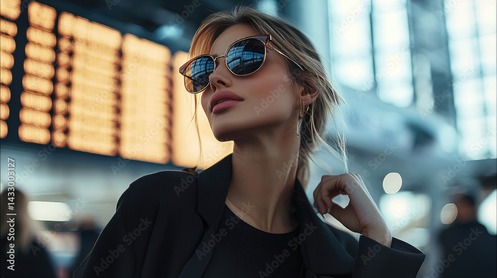 fashionable woman wearing stylish sunglasses poses confidently in airport setting, exuding elegance and sophistication. background features digital display, enhancing modern atmosphere