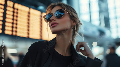 Obraz na płótnie fashionable woman wearing stylish sunglasses poses confidently in airport setting, exuding elegance and sophistication. background features digital display, enhancing modern atmosphere w salonie