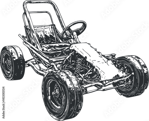 Black and white illustration of a go-kart vehicle showing frame, wheels, seat and steering wheel for racing