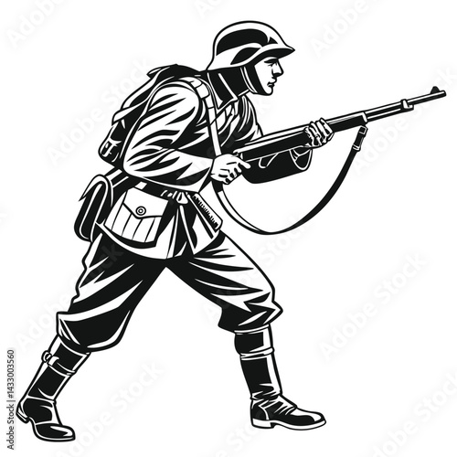 Soldier Silhouette Armed Man in Helmet Advances with Rifle Black and White Design