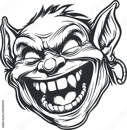 Black and white illustration of a grinning goblin face with large ears and sharp teeth in cartoon style