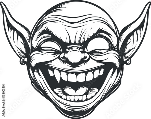 Black and white illustration of a laughing goblin face with large ears and expressive features.