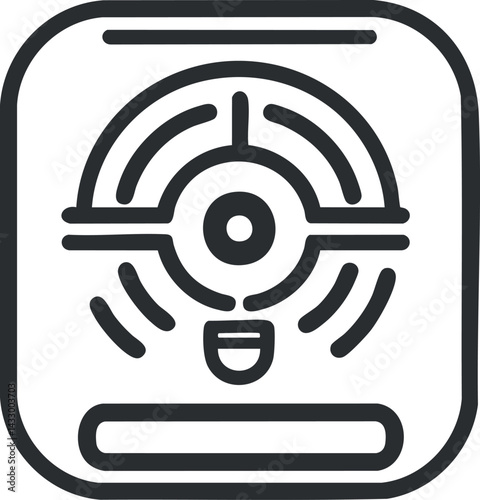 Black and white line icon of a sensor or radar scanning device with circular signals and interface elements