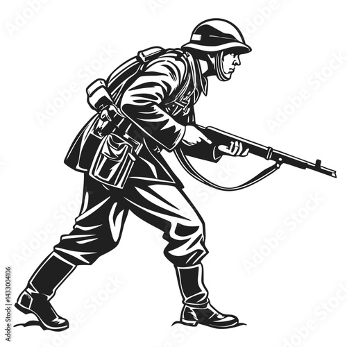 Silhouette of Soldier Advancing with Rifle, Wearing Helmet & Backpack, Black and White