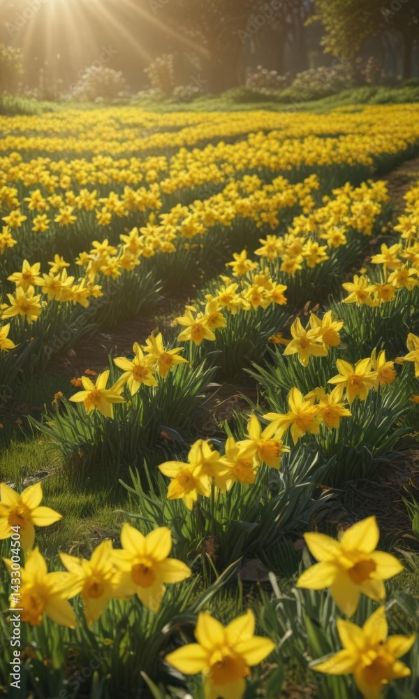 Vibrant yellow daffodils carpet a verdant field, bathed in the warm glow of the sun , close up, floral background, plant Vibrant yellow daffodils carpet a verdant field, bathed in the warm glow of the sun , close up, floral background, plant
