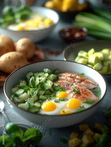 delicious bowl of soup featuring fresh ingredients like eggs, cucumbers, and herbs, creating vibrant and healthy meal. colorful presentation evokes sense of warmth and nourishment