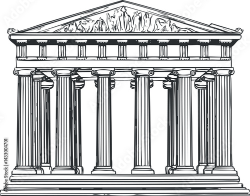 Black and white line drawing of an ancient Greek temple with classical columns and detailed pediment sculpture