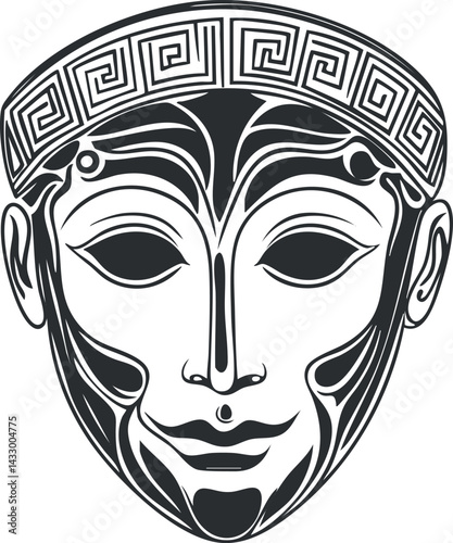 Black and white tribal mask illustration featuring intricate patterns and ornamental headwear