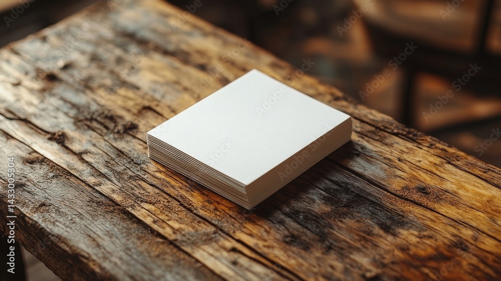 Fototapeta premium White Textured Block on Rustic Wooden Surface in Warm Lighting