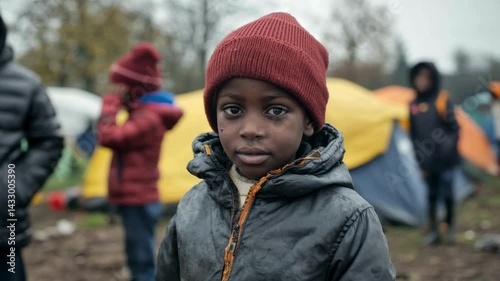 In a refugee camp in Europe, Nigerian children stand in front of temporary shelters with tired but hopeful expressions. Tents and humanitarian aid teams can be seen in the background.
