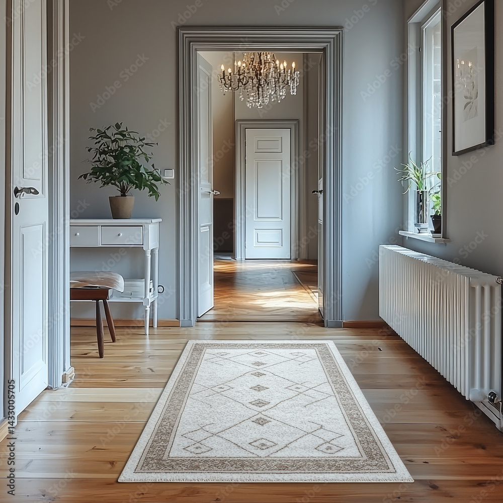 beautiful runner rug in grey and white adds elegance to stylish hallway, featuring wooden flooring and chandelier. space is bright and inviting, perfect for home decor enthusiasts