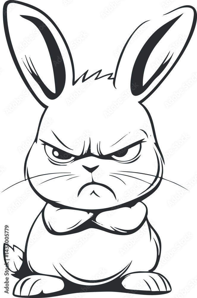 Fototapeta premium Black and white cartoon illustration of an angry bunny with crossed arms and a grumpy expression.