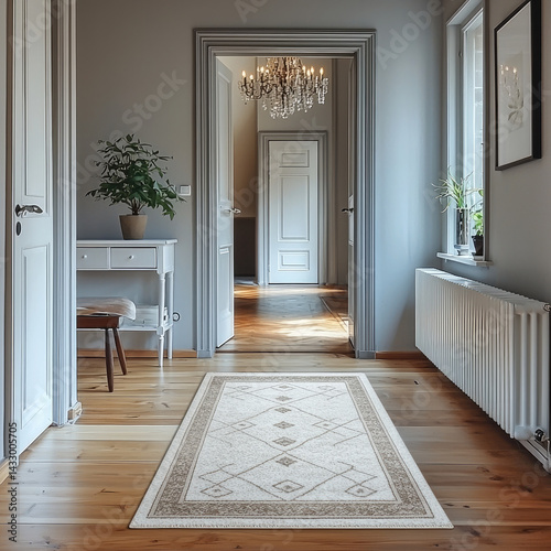 Obraz na płótnie beautiful runner rug in grey and white adds elegance to stylish hallway, featuring wooden flooring and chandelier. space is bright and inviting, perfect for home decor enthusiasts w salonie