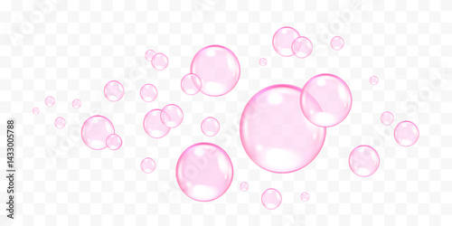 Glossy realistic pink pure cosmetics drops, serum gel bubbles vector illustration	