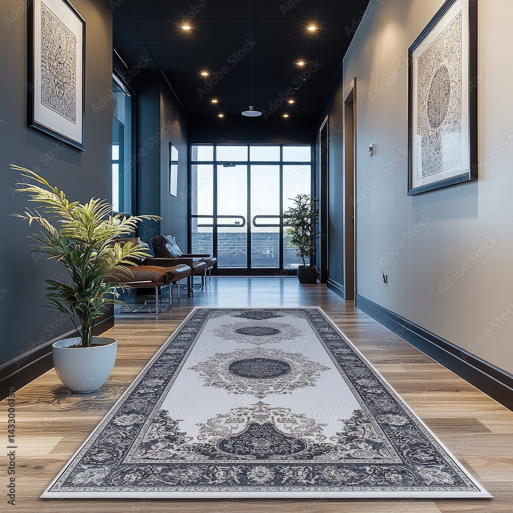Elegant runner rug grey and white adorns modern hallway, enhancing stylish decor with intricate patterns and touch of sophistication. space is brightened by natural light streaming through large