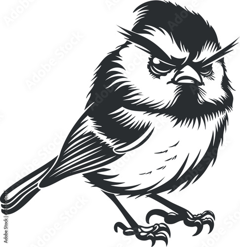 Monochrome stylized illustration of an angry bird with detailed feathers and claws in vector format