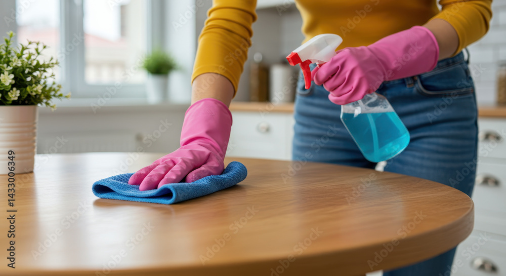 Naklejka premium Cleaning Time! Woman Wiping Table with Spray and Cloth in Pink Gloves - Housework, Hygiene, & Sparkling Cleanliness!