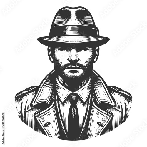 serious man wearing a trench coat, tie, and fedora, evoking a noir detective style sketch engraving generative ai fictional character vector illustration. Scratch board imitation. Black and white.