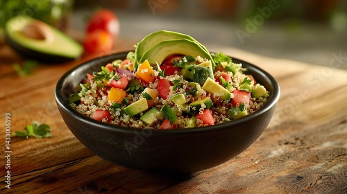 Fototapeta Naklejka Na Ścianę i Meble -  Vibrant quinoa salad with avocado, tomatoes, and fresh vegetables displayed
