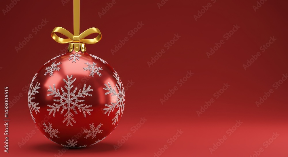 Red Christmas Ornament With Snowflake Pattern Hanging On A Gold Ribbon Against Red Background Red Christmas Ornament With Snowflake Pattern Hanging On A Gold Ribbon Against Red Background
