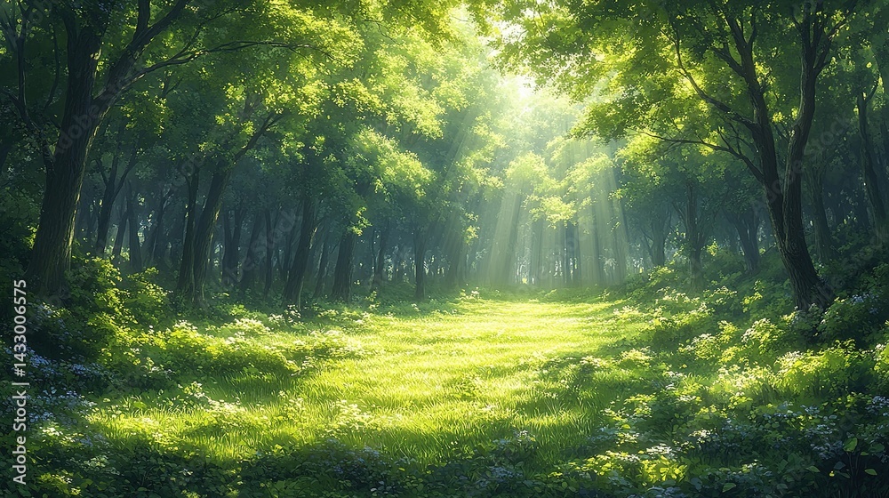 Obraz premium Sunlit Forest Path with Lush Green Grass and Light Rays